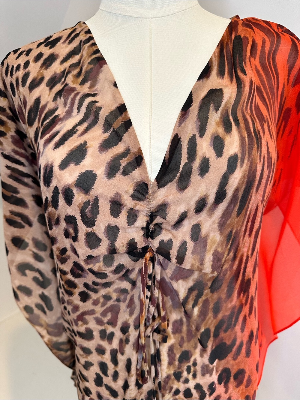 YOANA BARASCHI Leopard Print Colorblock Blouse Red Orange Boho Draped Top